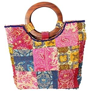Vintage Patchwork Beaded Bag Wooden Handle Boho Indie Hippie Festival Retro Folk